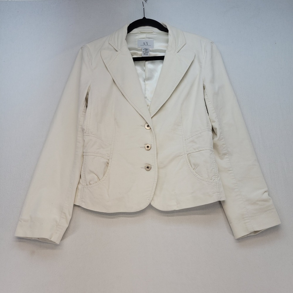 Armani Exchange Blazer Women Medium Cream Peplum Ruffle Back Cotton Twill Jacket